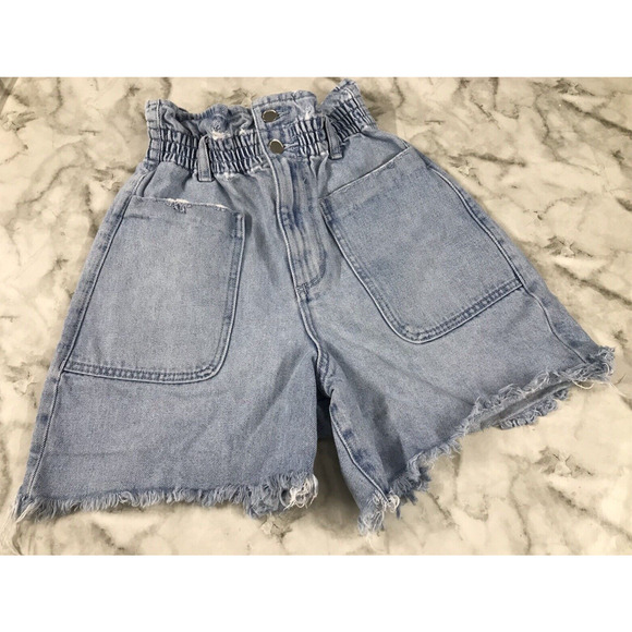 VGT ZARA Paper Bag High Rise Denim Shorts Womens 0 Button Fly BOHO Hippie - Picture 1 of 6